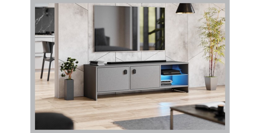 Meuble TV RABBIT 140cm, 2 portes et 4 niches, coloris gris foncé
