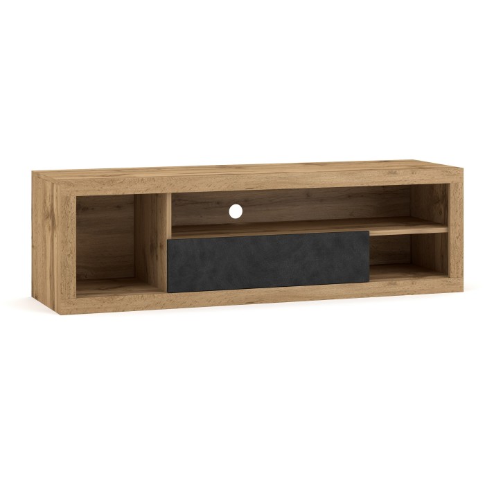 Meuble TV WHAT 140cm, 1 porte et 4 niches, coloris chêne clair et porte noir
