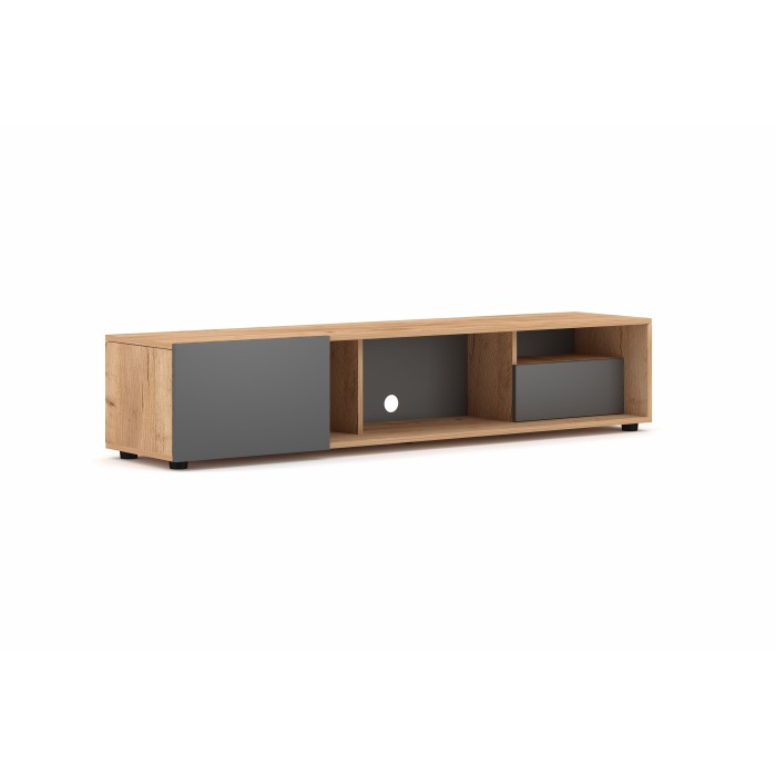 Meuble TV BRACA 160cm, 1 porte et 1 tiroir, coloris chêne clair et gris