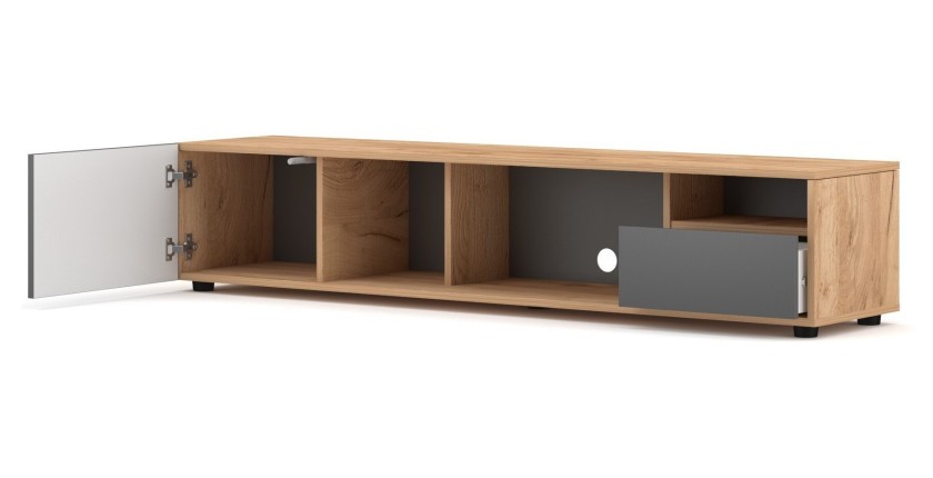 Meuble TV BRACA 160cm, 1 porte et 1 tiroir, coloris chêne clair et gris