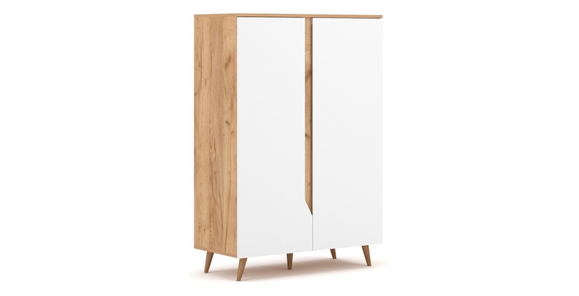 Commode design TRU, 2 portes, 90cm, coloris chêne clair et blanc