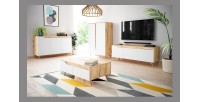 Commode design TRU, 2 portes, 90cm, coloris chêne clair et blanc