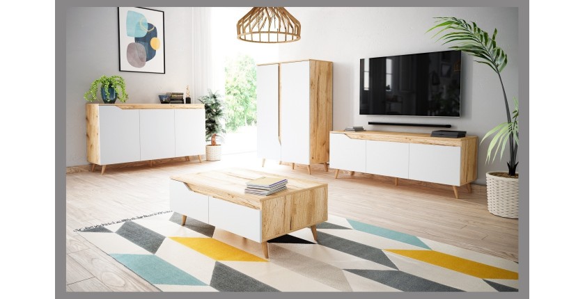 Commode design TRU, 2 portes, 90cm, coloris chêne clair et blanc