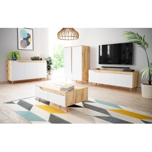 Commode design TRU, 2 portes, 90cm, coloris chêne clair et blanc