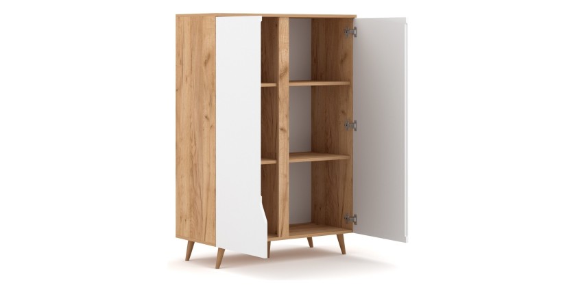 Commode design TRU, 2 portes, 90cm, coloris chêne clair et blanc