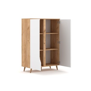 Commode design TRU, 2 portes, 90cm, coloris chêne clair et blanc