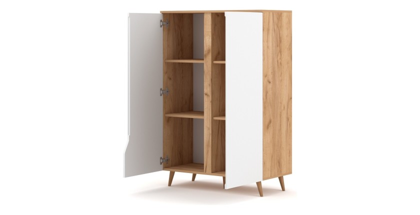 Commode design TRU, 2 portes, 90cm, coloris chêne clair et blanc