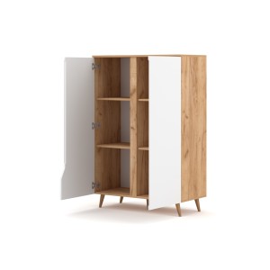 Commode design TRU, 2 portes, 90cm, coloris chêne clair et blanc