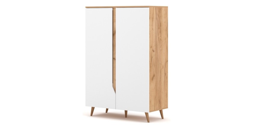 Commode design TRU, 2 portes, 90cm, coloris chêne clair et blanc