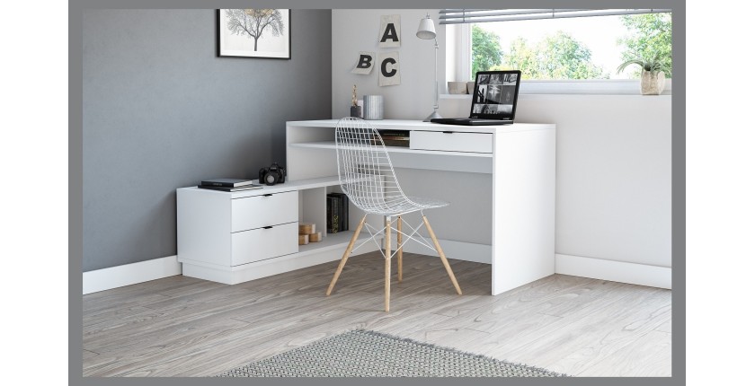 Bureau d'angle coloris blanc mat collection SOB avec 3 tiroirs et 3 niches