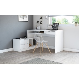 Bureau d'angle coloris blanc mat collection SOB avec 3 tiroirs et 3 niches