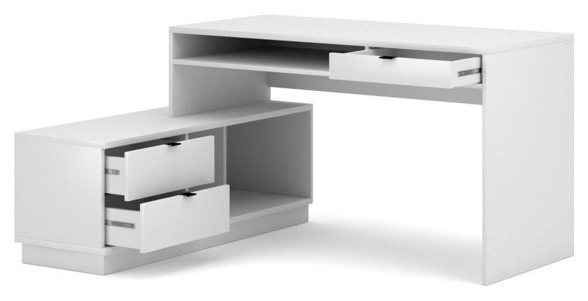 Bureau d'angle coloris blanc mat collection SOB avec 3 tiroirs et 3 niches