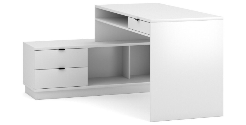 Bureau d'angle coloris blanc mat collection SOB avec 3 tiroirs et 3 niches