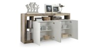 Buffet 4 portes collection BURA, coloris blanc laqué brillant et chêne clair, idéal pour un salon moderne et tendance.
