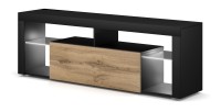 Meuble TV MONTBLANC 140cm, 1 porte abattante et 5 niches, coloris noir et porte couleur chêne