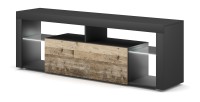 Meuble TV MONTBLANC 140cm, 1 porte abattante et 5 niches, coloris gris anthracite et porte couleur chêne