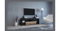 Meuble TV MONTBLANC 140cm, 1 porte abattante et 5 niches, coloris gris anthracite et porte couleur chêne