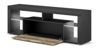Meuble TV MONTBLANC 140cm, 1 porte abattante et 5 niches, coloris gris anthracite et porte couleur chêne