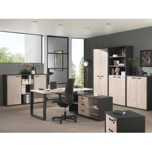 Rangement bureau - Meuble 2 portes coloris chêne et noir collection DEPÉ