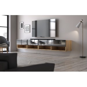 Meuble TV suspendu design CLUJ, 200 cm, 2 portes et 2 niches, coloris chêne et porte vitrée
