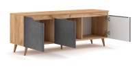 Meuble TV scandinave TUEW 140cm, 3 portes, coloris chêne et graphite.