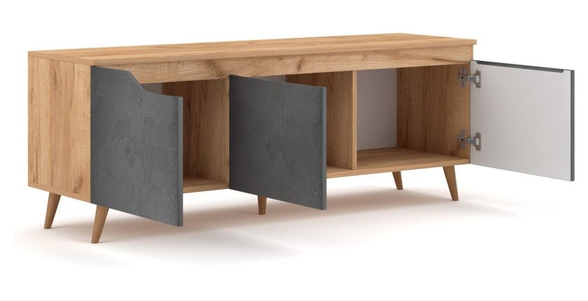 Meuble TV scandinave TUEW 140cm, 3 portes, coloris chêne et graphite.
