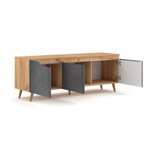 Meuble TV scandinave TUEW 140cm, 3 portes, coloris chêne et graphite.