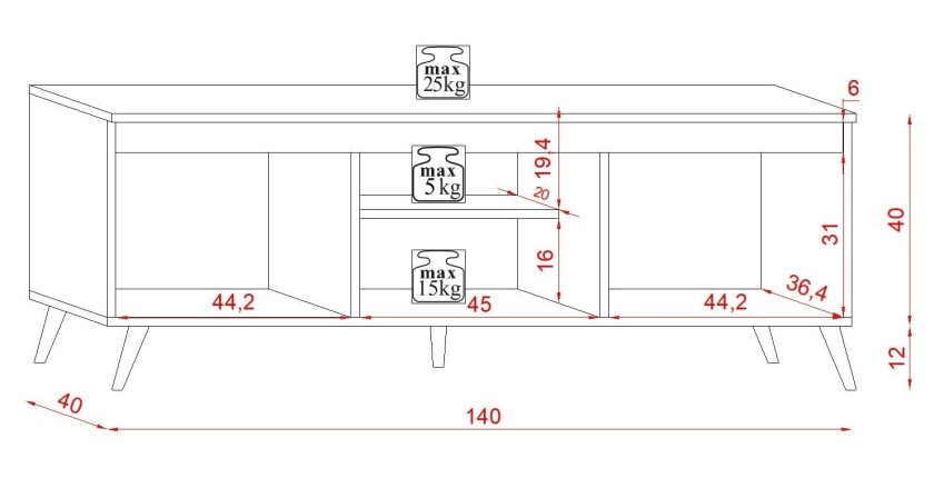 Meuble TV scandinave TUEW 140cm, 3 portes, coloris chêne et graphite.