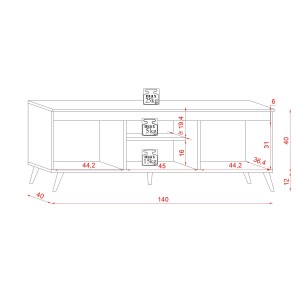 Meuble TV scandinave TUEW 140cm, 3 portes, coloris chêne et graphite.