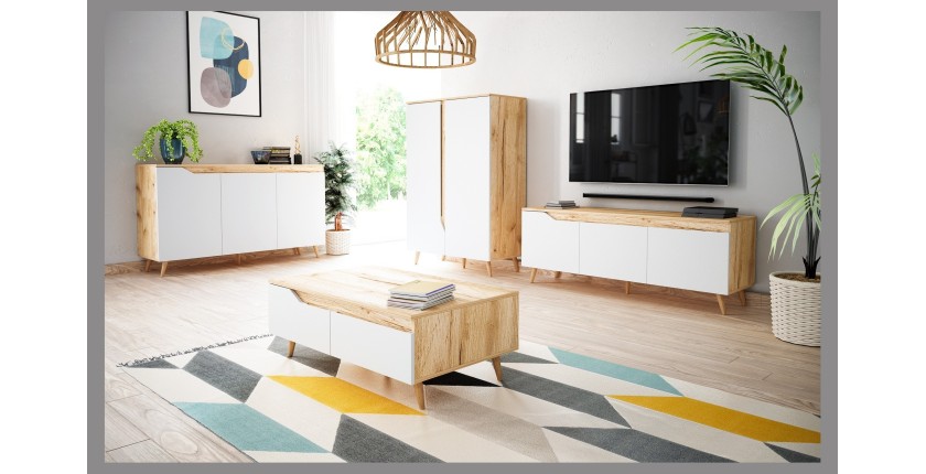 Buffet bas type scandinave collection TUEW 3 portes, coloris hêtre et blanc mat