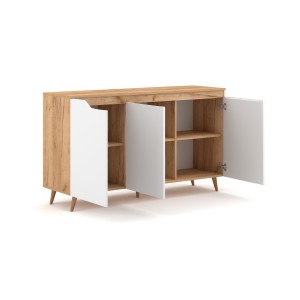Buffet bas type scandinave collection TUEW 3 portes, coloris hêtre et blanc mat