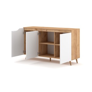 Buffet bas type scandinave collection TUEW 3 portes, coloris hêtre et blanc mat