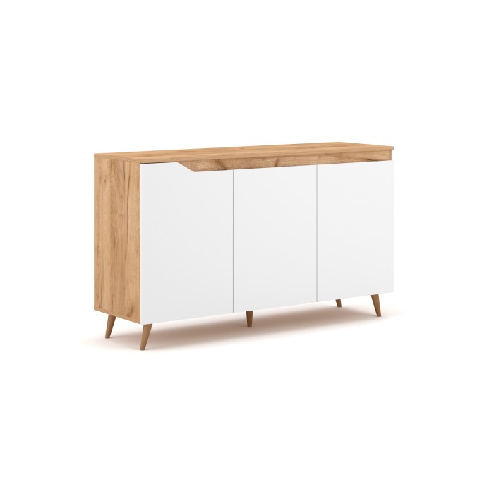 Buffet bas type scandinave collection TUEW 3 portes, coloris hêtre et blanc mat
