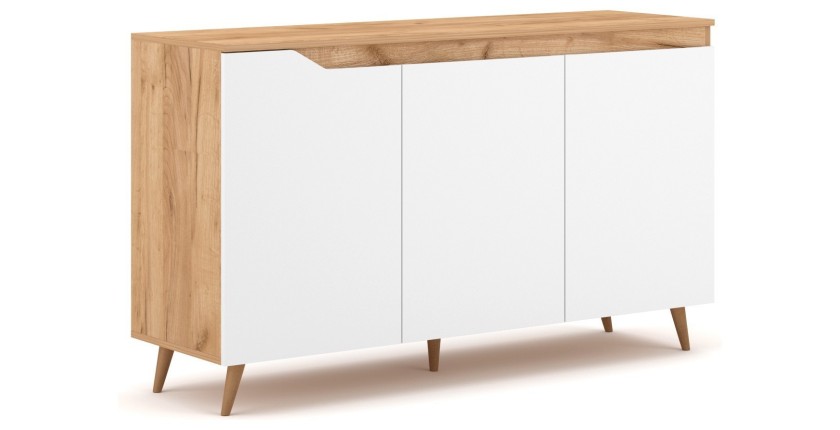 Buffet bas type scandinave collection TUEW 3 portes, coloris hêtre et blanc mat