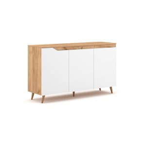 Buffet bas type scandinave collection TUEW 3 portes, coloris hêtre et blanc mat