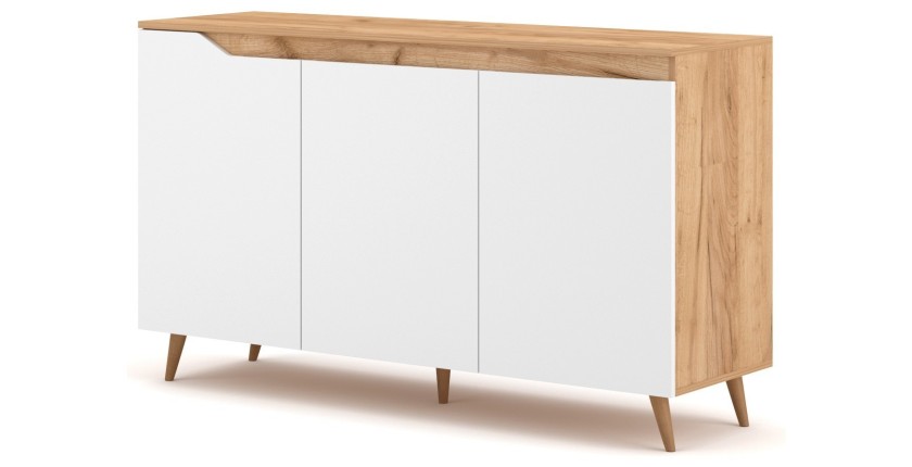 Buffet bas type scandinave collection TUEW 3 portes, coloris hêtre et blanc mat