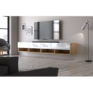 Meuble TV suspendu design CLUJ, 200 cm, couleur chêne clair et blanc brillant