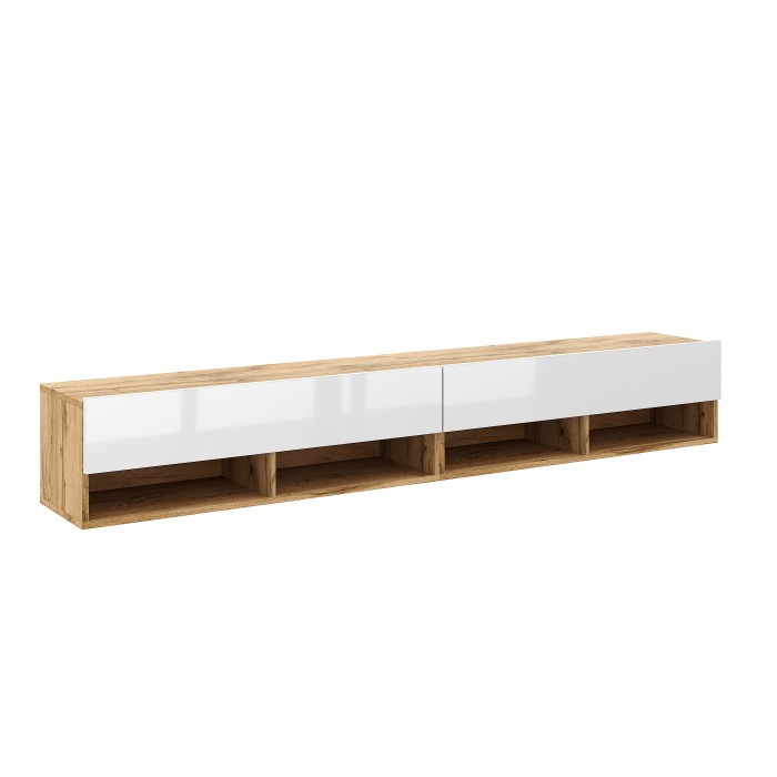 Meuble TV suspendu design CLUJ, 200 cm, couleur chêne clair et blanc brillant