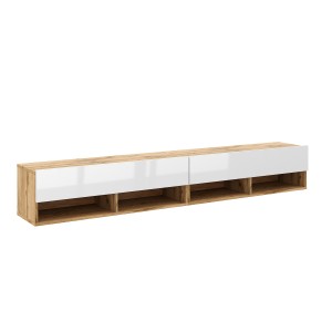 Meuble TV suspendu design CLUJ, 200 cm, couleur chêne clair et blanc brillant