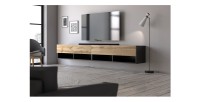 Meuble TV suspendu design CLUJ, 200 cm, 2 portes et 4 niches, coloris noir et porte chêne clair