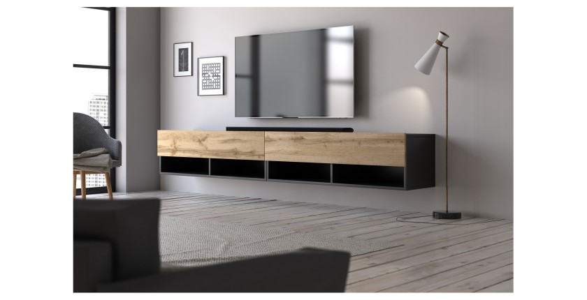 Meuble TV suspendu design CLUJ, 200 cm, 2 portes et 4 niches, coloris noir et porte chêne clair