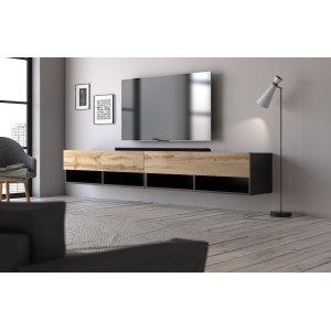 Meuble TV suspendu design CLUJ, 200 cm, 2 portes et 4 niches, coloris noir et porte chêne clair