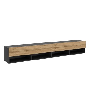 Meuble TV suspendu design CLUJ, 200 cm, 2 portes et 4 niches, coloris noir et porte chêne clair