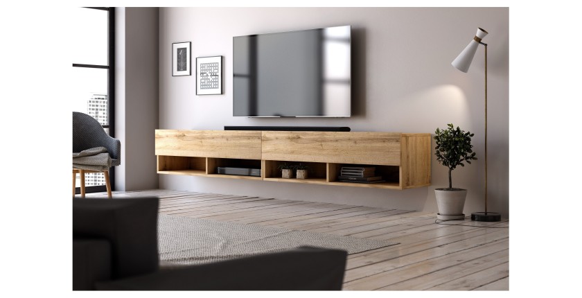 Meuble TV suspendu design CLUJ, 280 cm, couleur chêne wotan