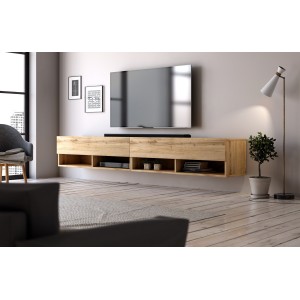 Meuble TV suspendu design CLUJ, 280 cm, couleur chêne wotan