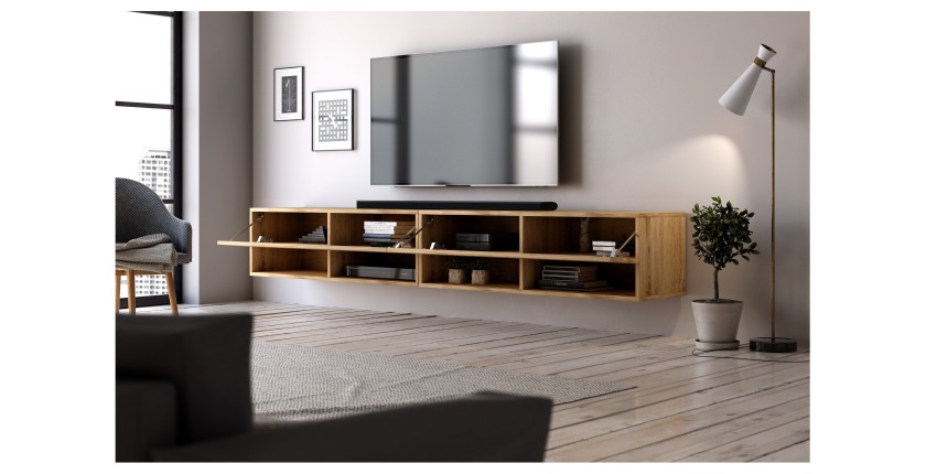 Meuble TV suspendu design CLUJ, 280 cm, couleur chêne wotan