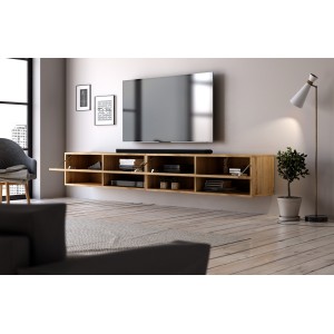 Meuble TV suspendu design CLUJ, 280 cm, couleur chêne wotan