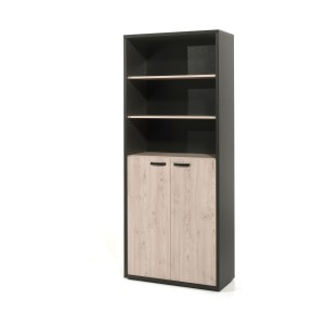 Bibliothèque de Bureau - Meuble 2 Portes et étagères  Chêne clair et Noir | Collection DEPÉ | Meublorama