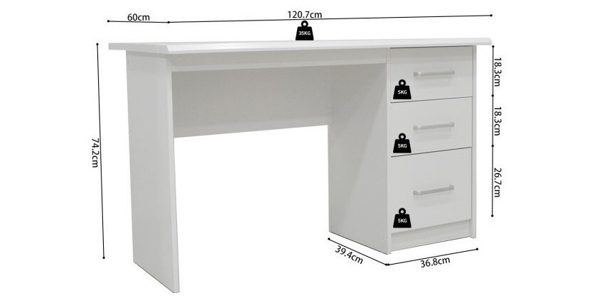 Bureau de la collection PRAGUE 3 tiroirs Blanc