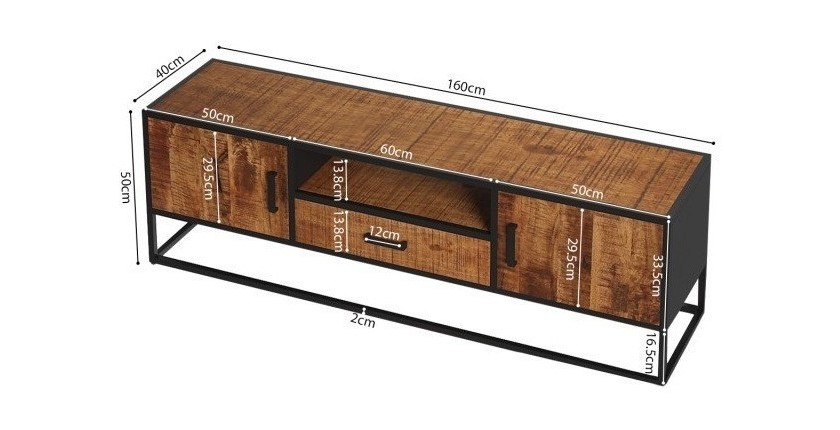 Meuble TV collection MADEIRO Structure métal et bois exotique de Mangolia. Idéal pour un salon de style industriel. L160cm